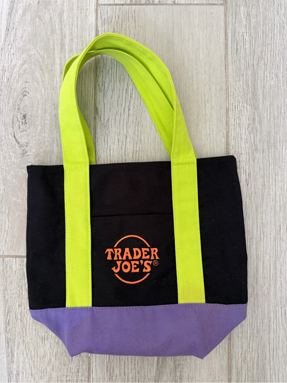 Traders Joe’s Black Canvas Tote with Lime Handles and Purple Base